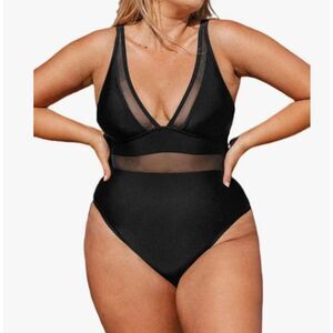 NEW Cupshe Black Mesh One Piece Swimsuit Plunge Adjustable Straps NWT